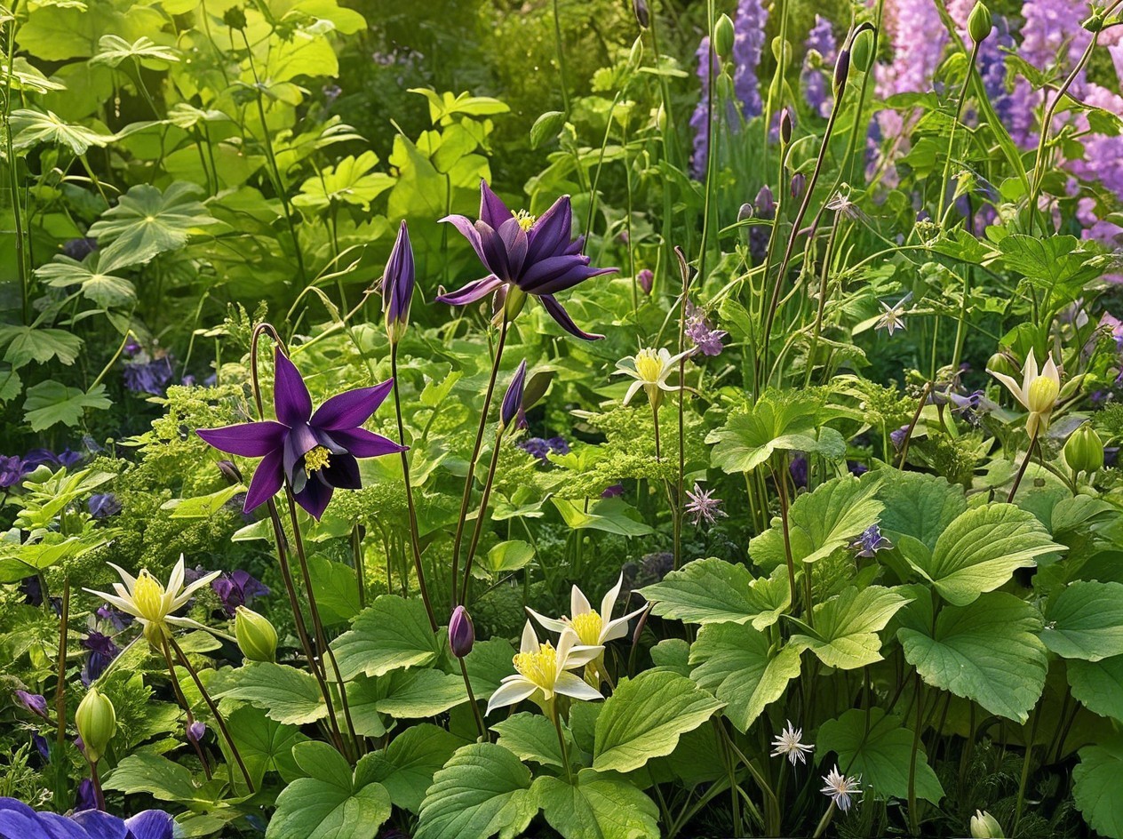 Vibrant Garden with Purple and White Aquilegia Flowers