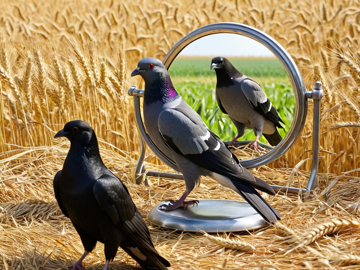 Pigeons in Wheat Field with Silver Mirror Reflection
