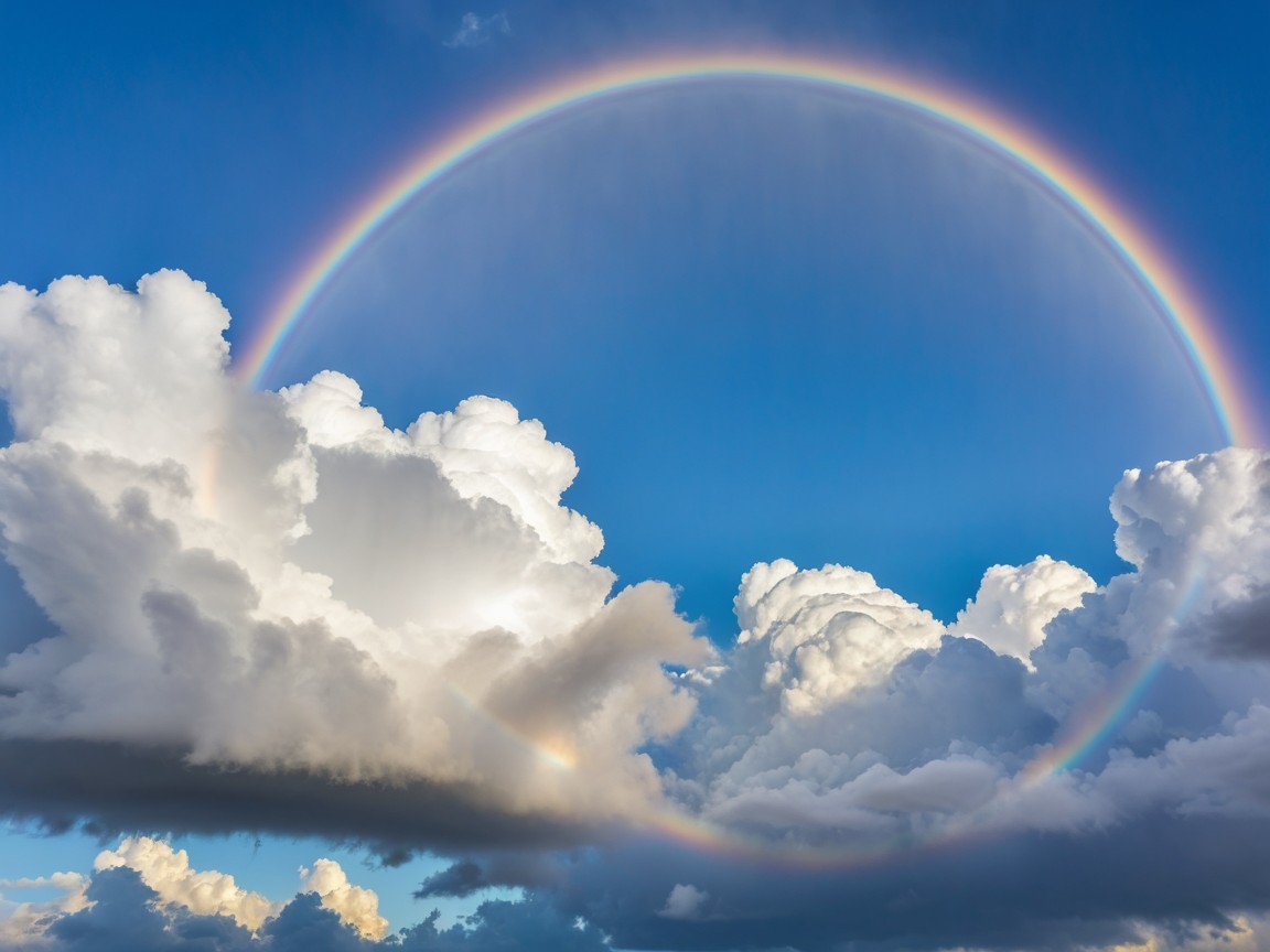 Circular Rainbow in Bright Blue Sky with Clouds