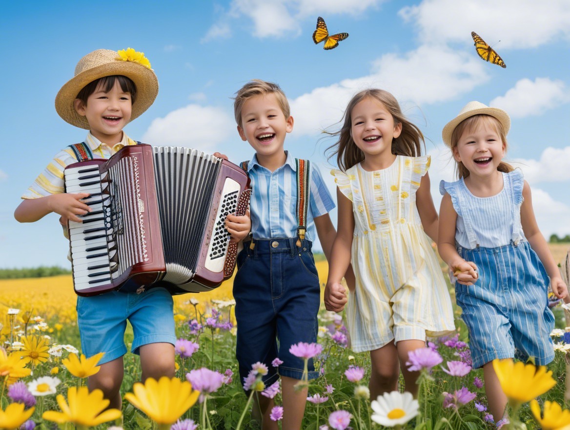 Children Playing in a Colorful Flower Meadow
