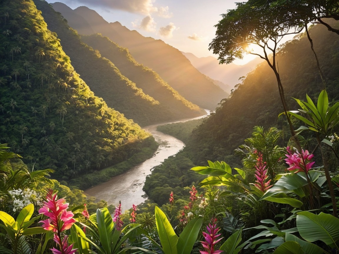 Dawn View of a River in a Lush Mountain Valley