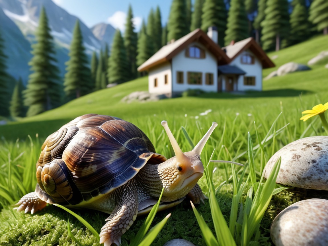 Detailed Snail on Grass with Scenic House and Mountains