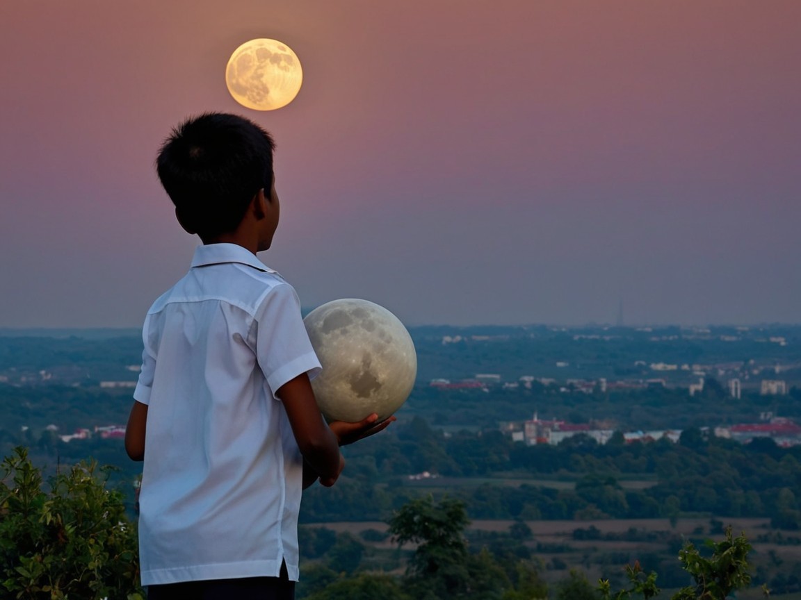 Boy on hillside with moonrise and city view