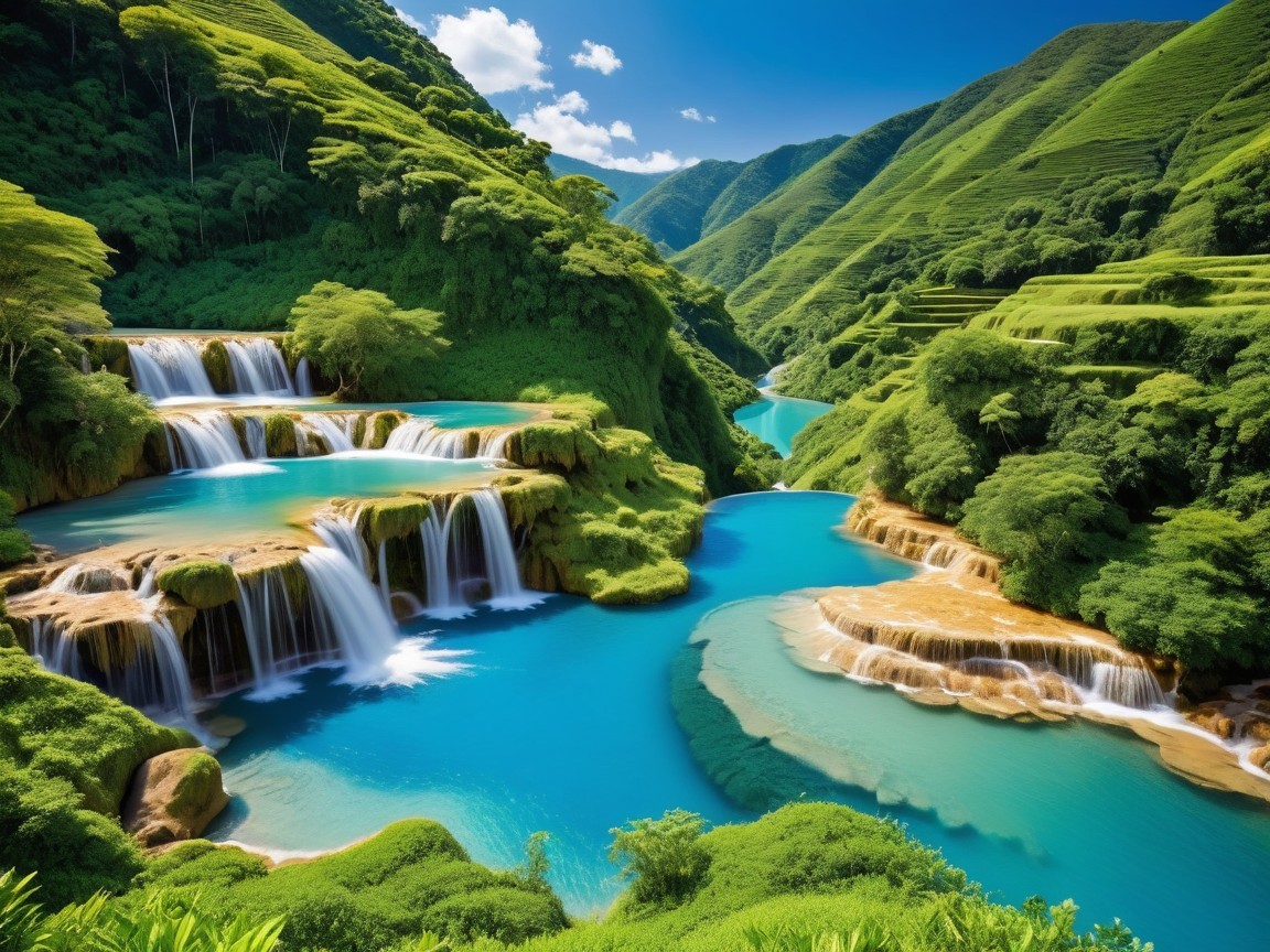 Cascading Waterfalls and Turquoise Pools in Nature