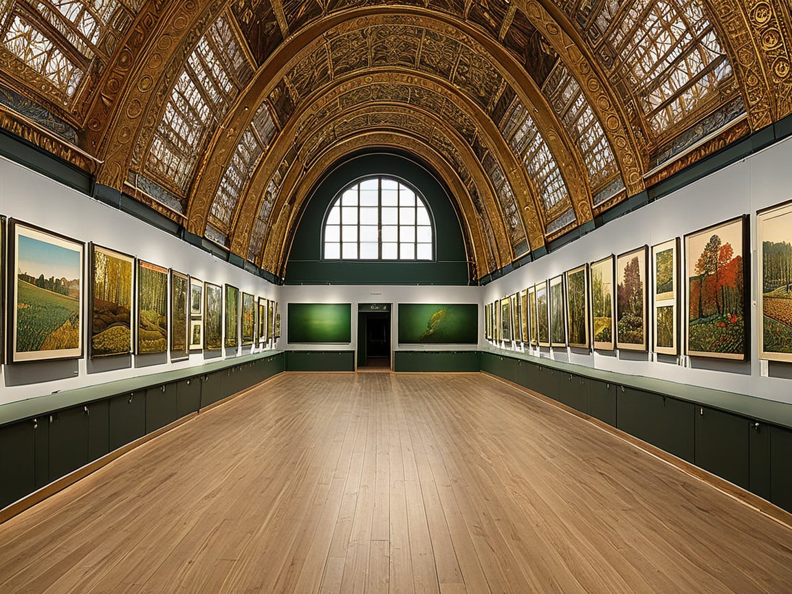 Spacious Art Gallery with Ornate Details and Landscapes