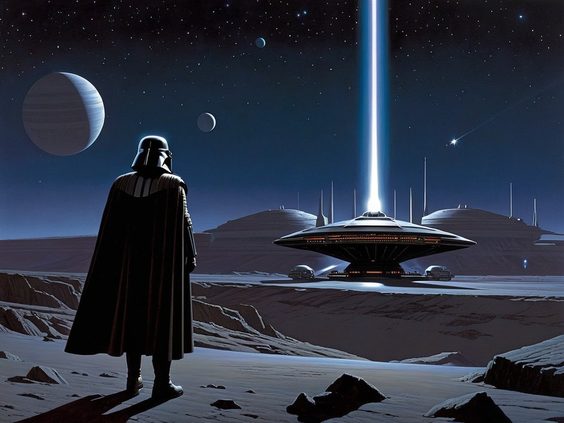 Dark Figure on Lunar Surface with Futuristic Spaceship