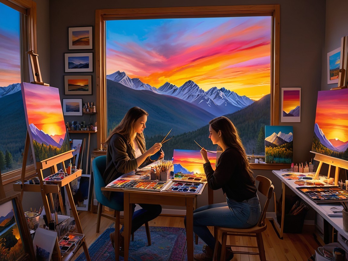 Art Studio Scene with Women Painting Sunset Landscapes