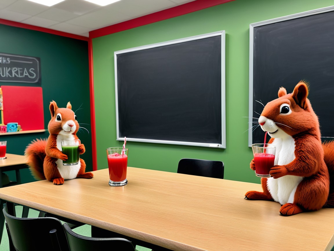 Squirrels in Classroom with Colorful Drinks at Table