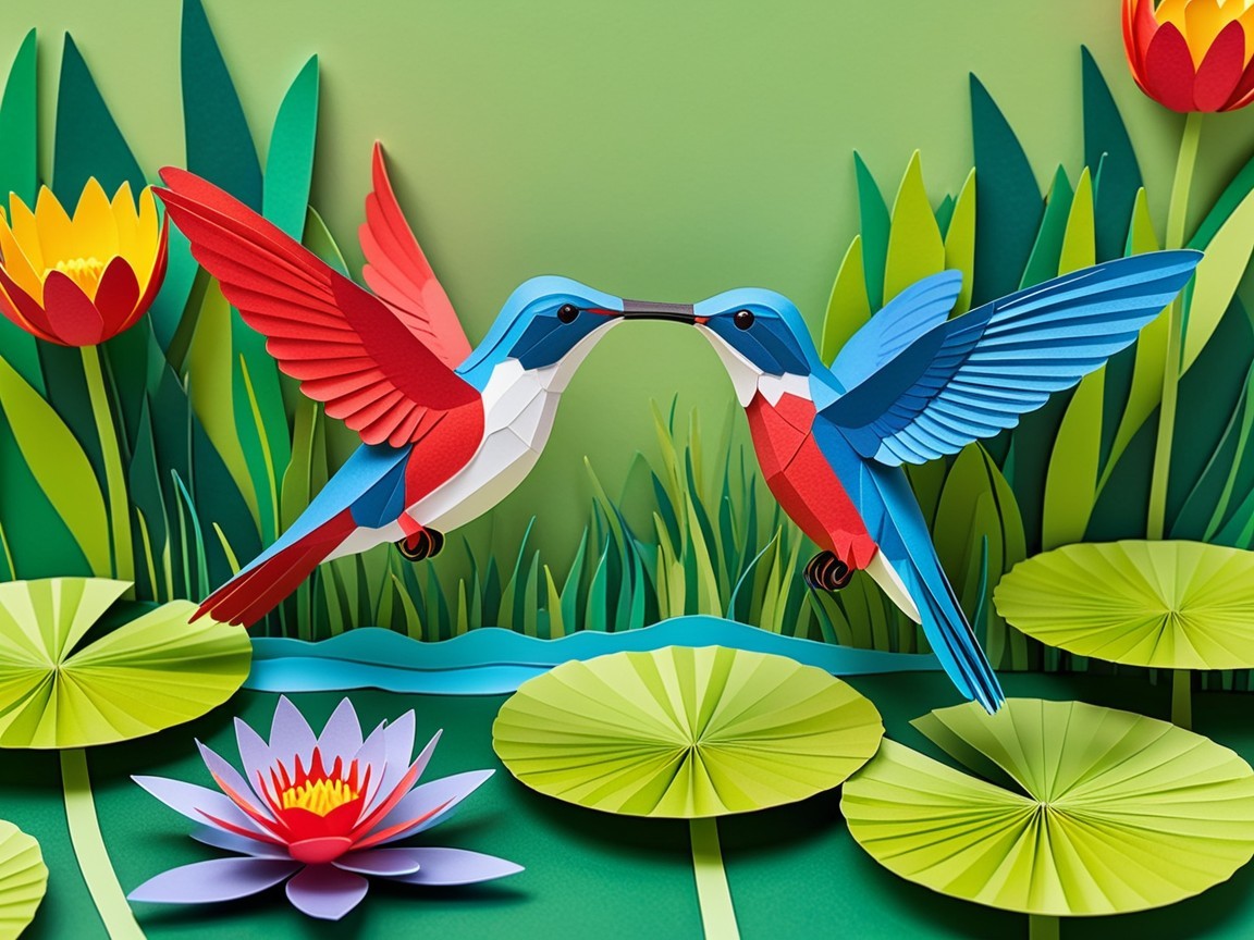 Whimsical Paper-Cut Hummingbirds in Nature Scene
