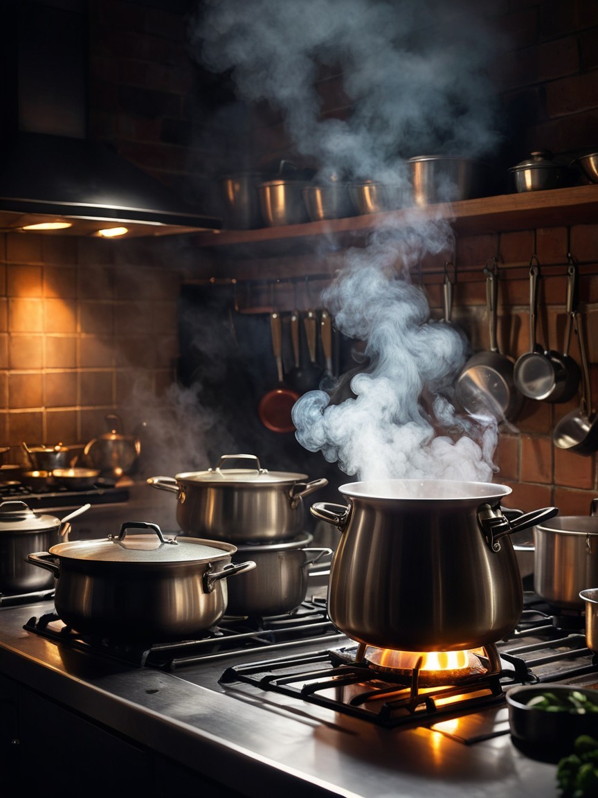 Dark Kitchen with Stainless Steel Range and Steam