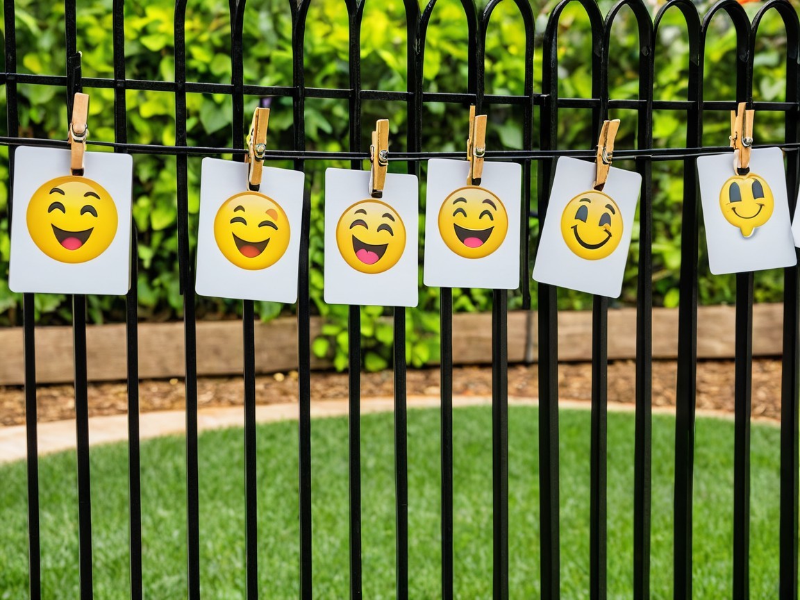Emoji Cards Displayed on Black Metal Fence