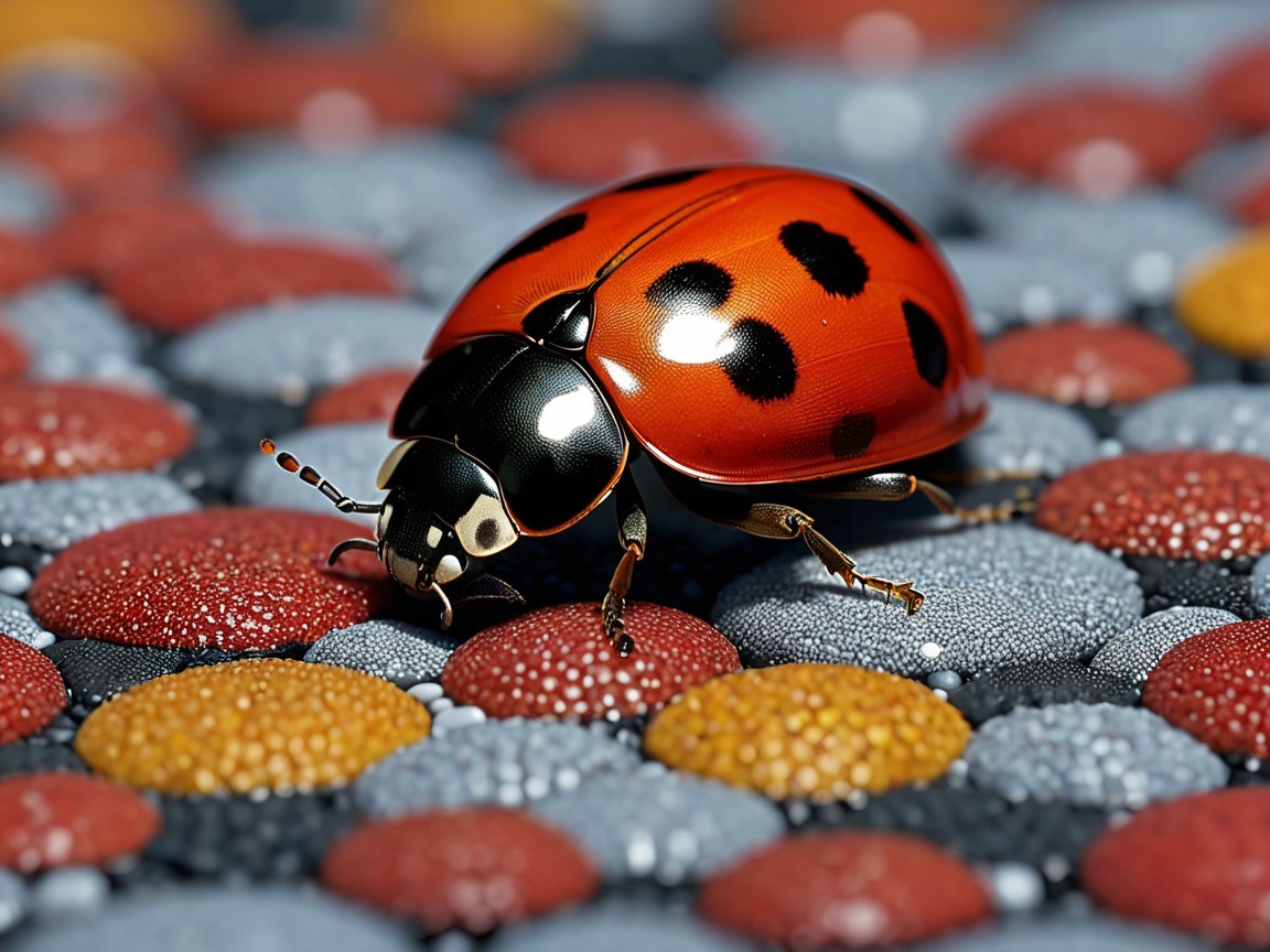 Ladybug on Colorful Textured Surface with Water Droplets
