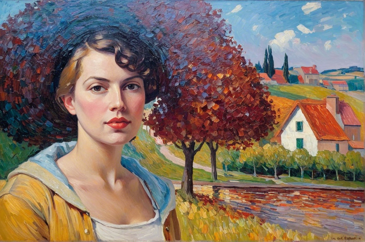 Young Woman in Vibrant Autumn Landscape Painting