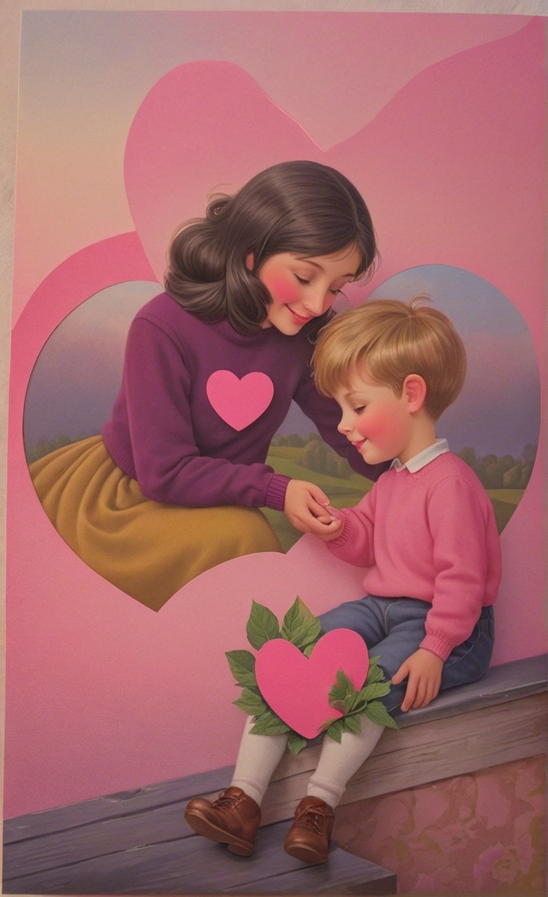 Heart-Themed Illustration of Mother and Son Together
