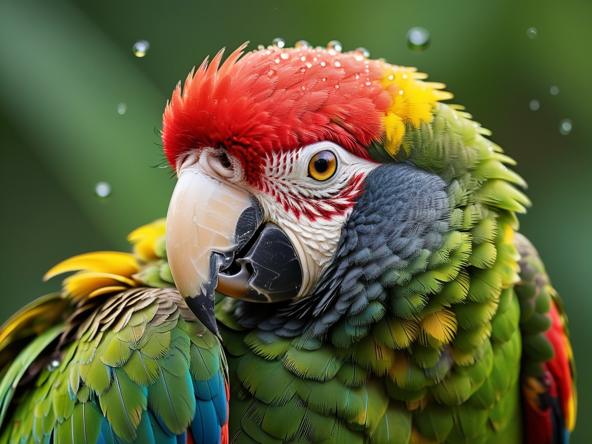 Vibrant Macaw with Colorful Feathers and Water Droplets