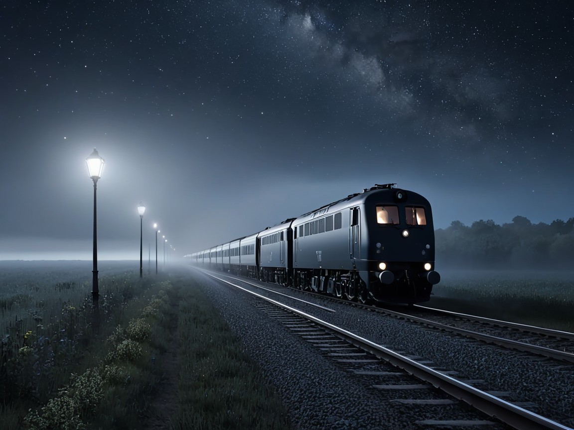 Vintage train on quiet track under starry night sky