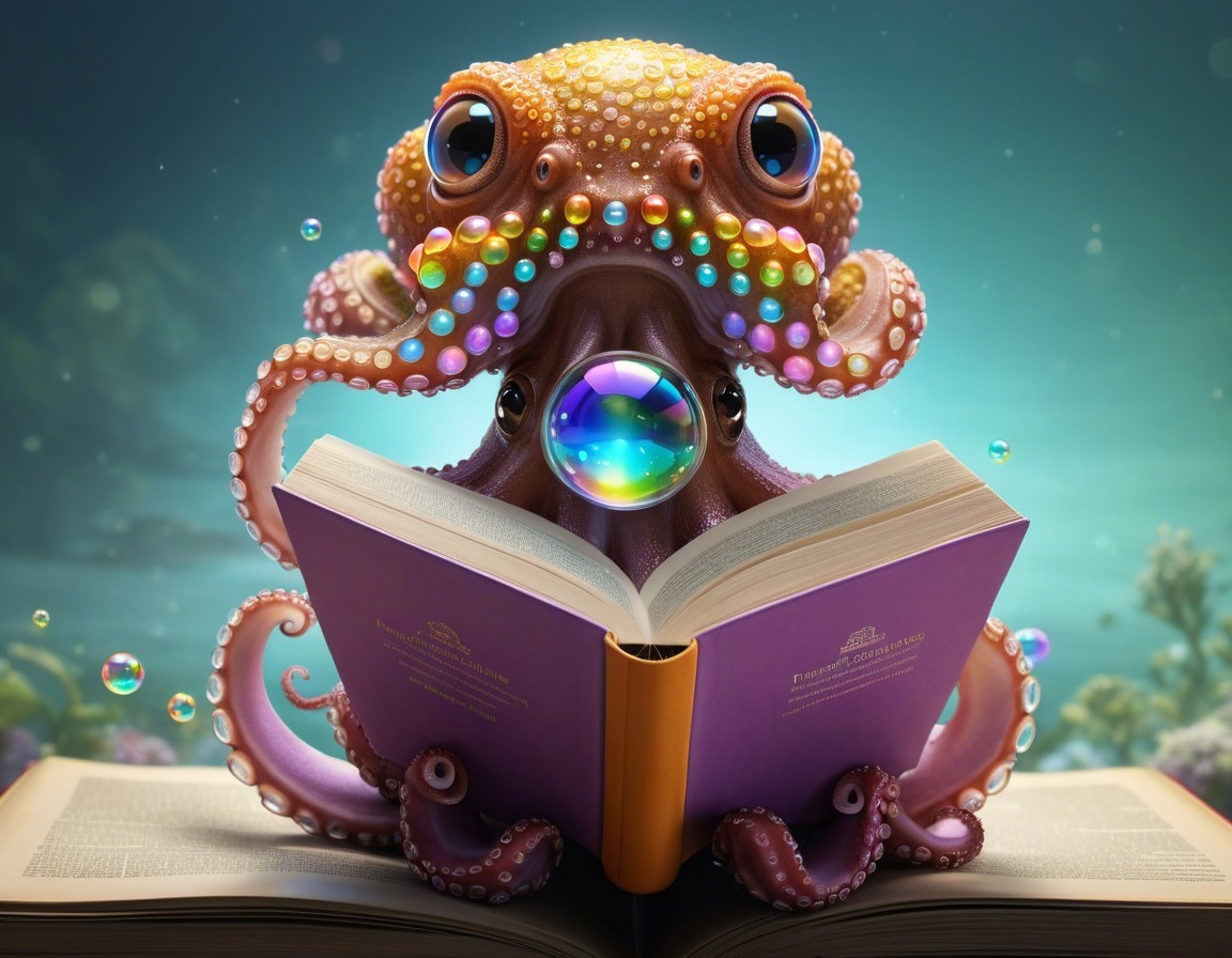 Vibrant Octopus Reading on an Open Book Underwater