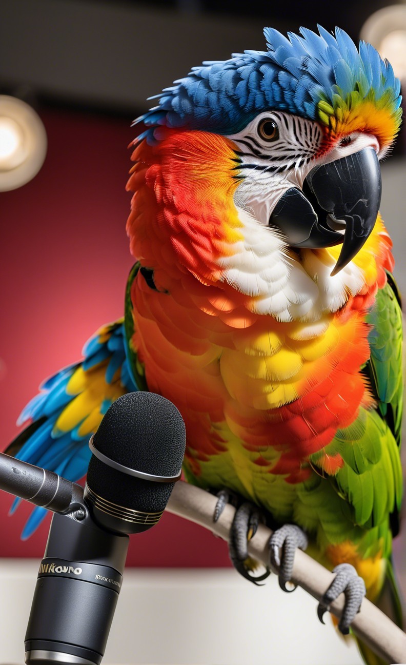 Vibrant Parrot with Microphone in Nature Setting
