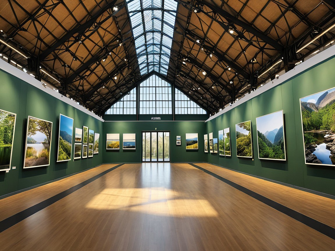 Spacious Art Gallery with Natural Light and Green Walls