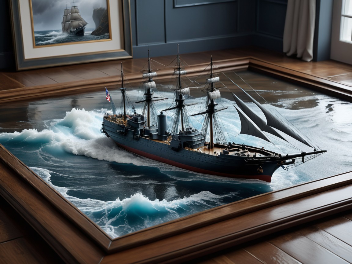 3D Artwork of a Sailing Ship on Dynamic Ocean Surface