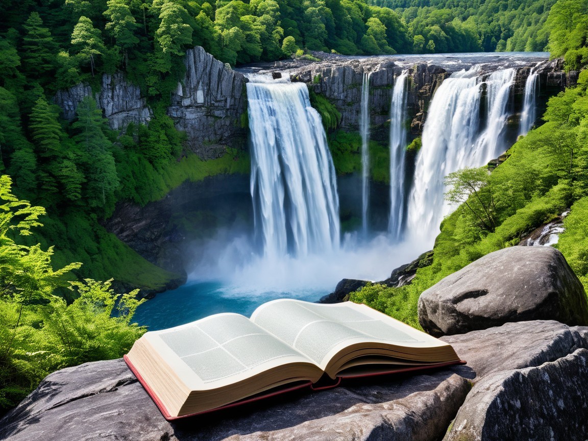 Open Book on Stone Near Waterfall and Greenery