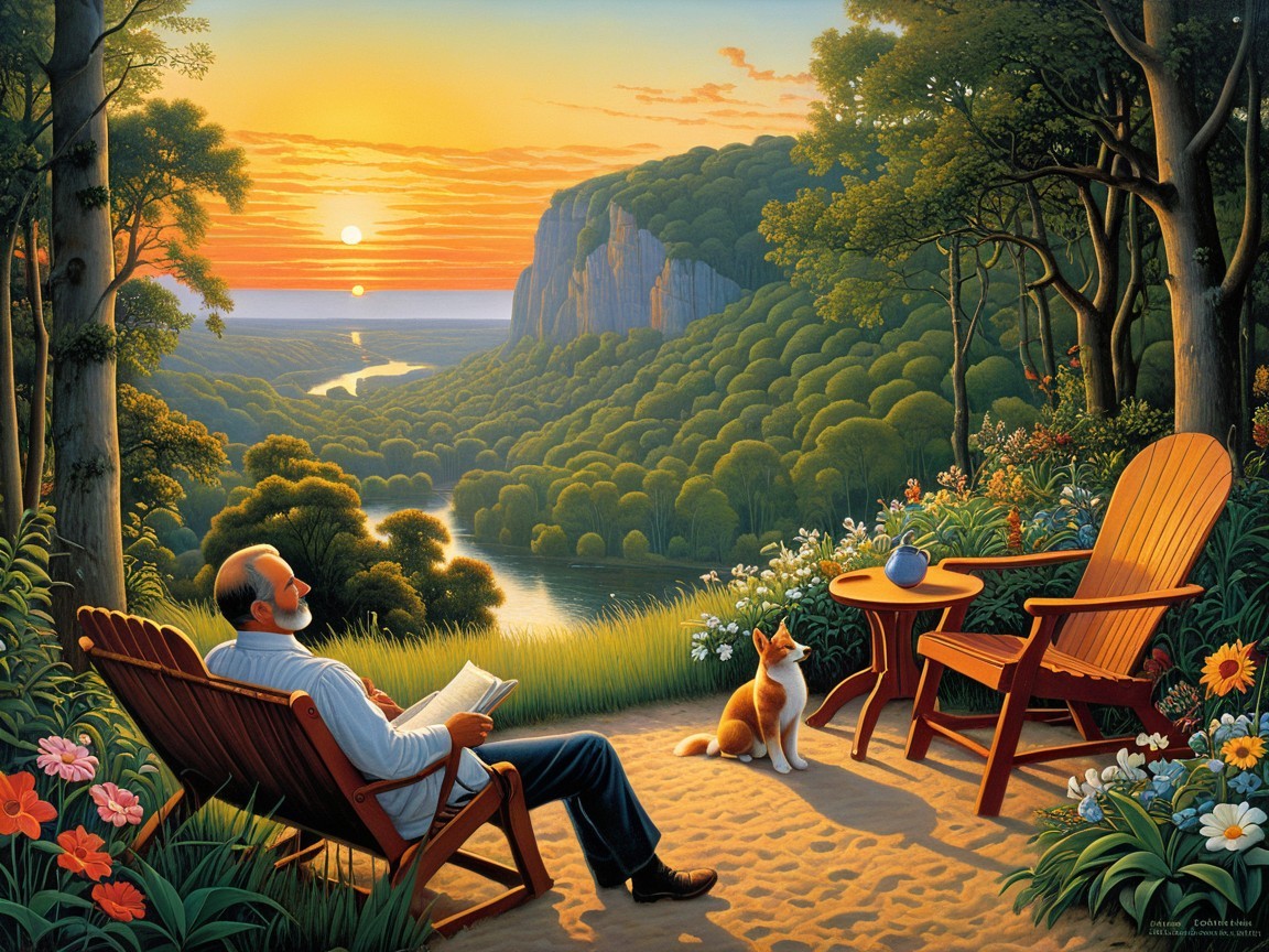 Old Man with Dog at Sunset by River Valley