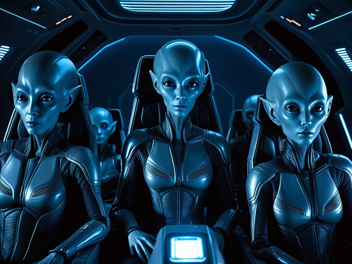 Futuristic spacecraft with glowing blue alien beings