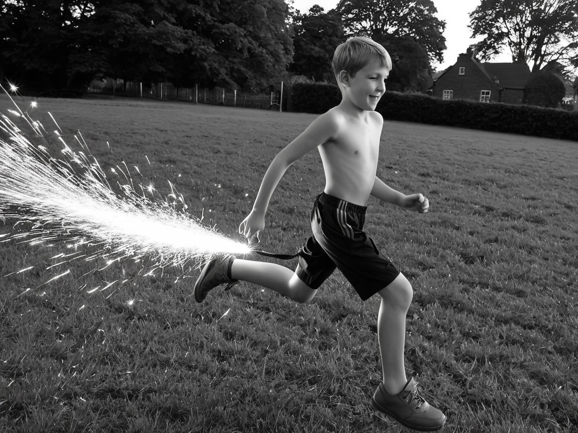 Caucasian boy running with sparkler on left ankle