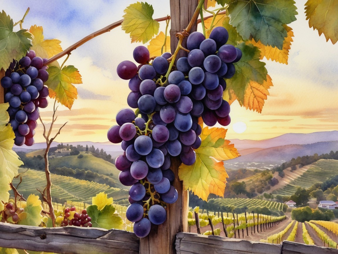 Watercolor of Vineyard at Sunset with Ripe Grapes