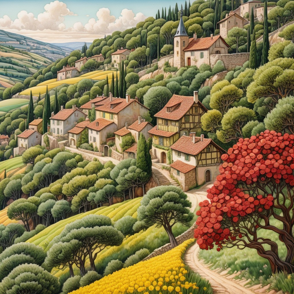 Impressionistic Painting of a Hilltop Village Landscape