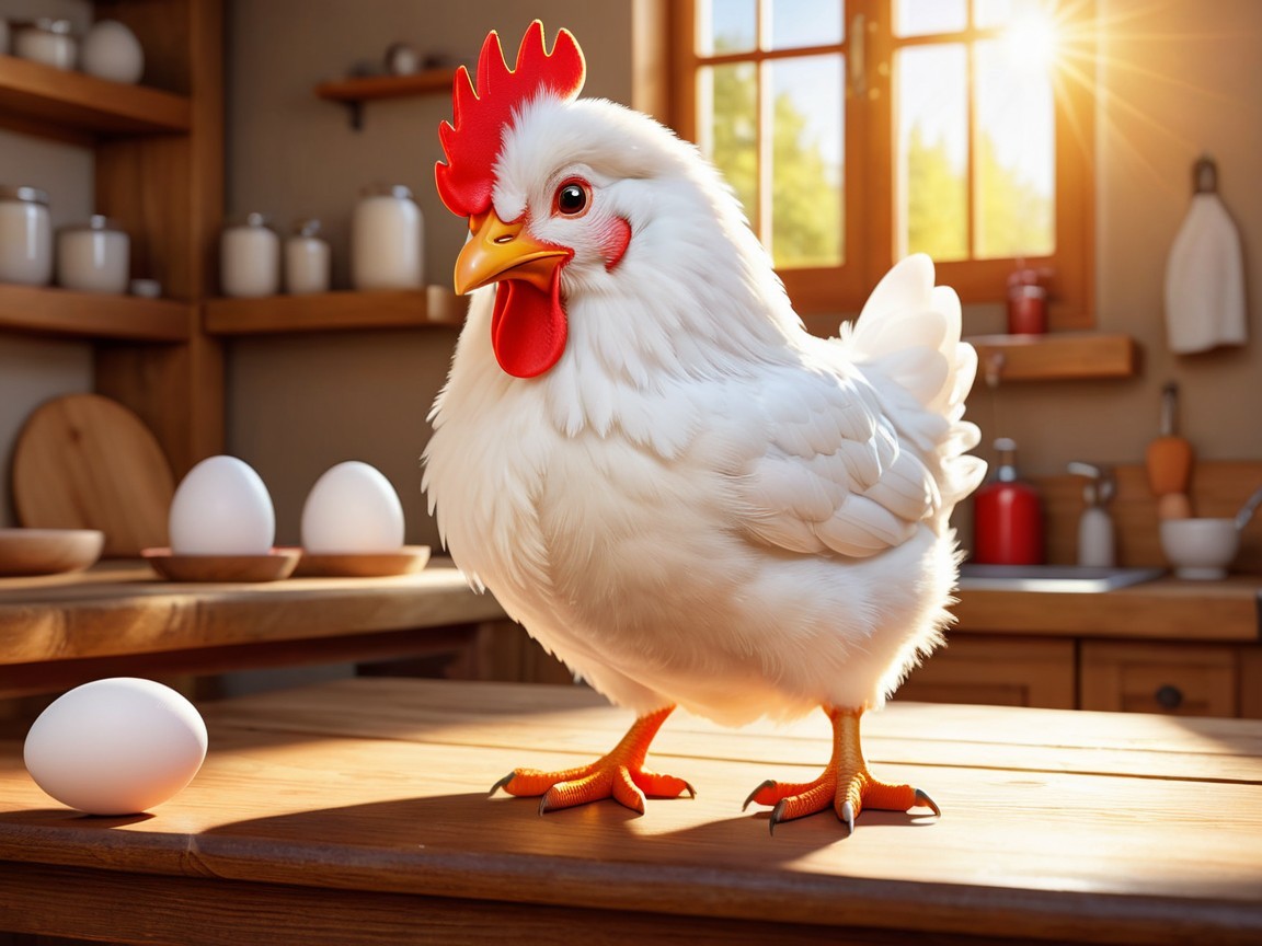 Cartoon White Chicken on Kitchen Table with Eggs