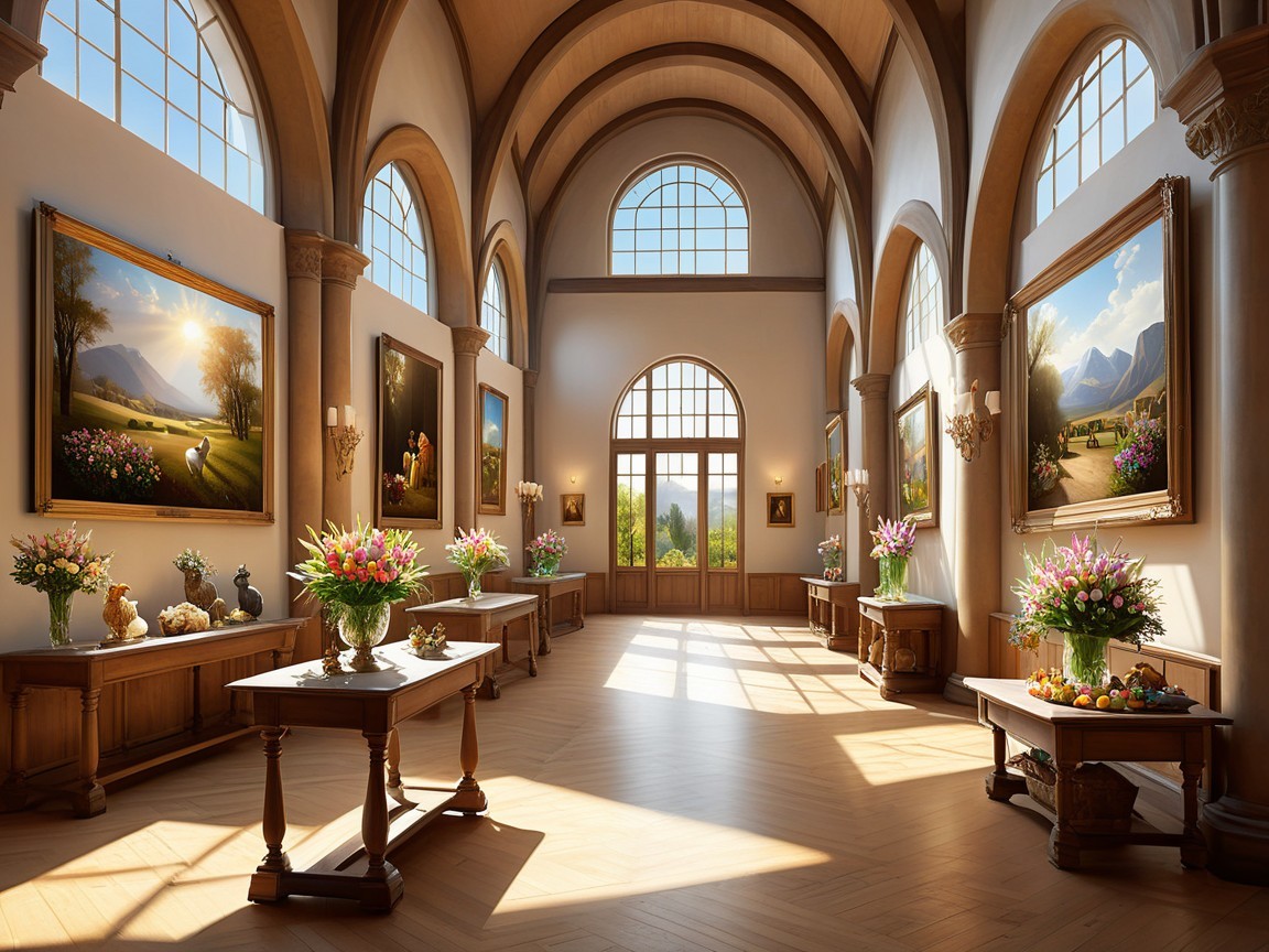 Sunlit gallery with arched windows and floral decor
