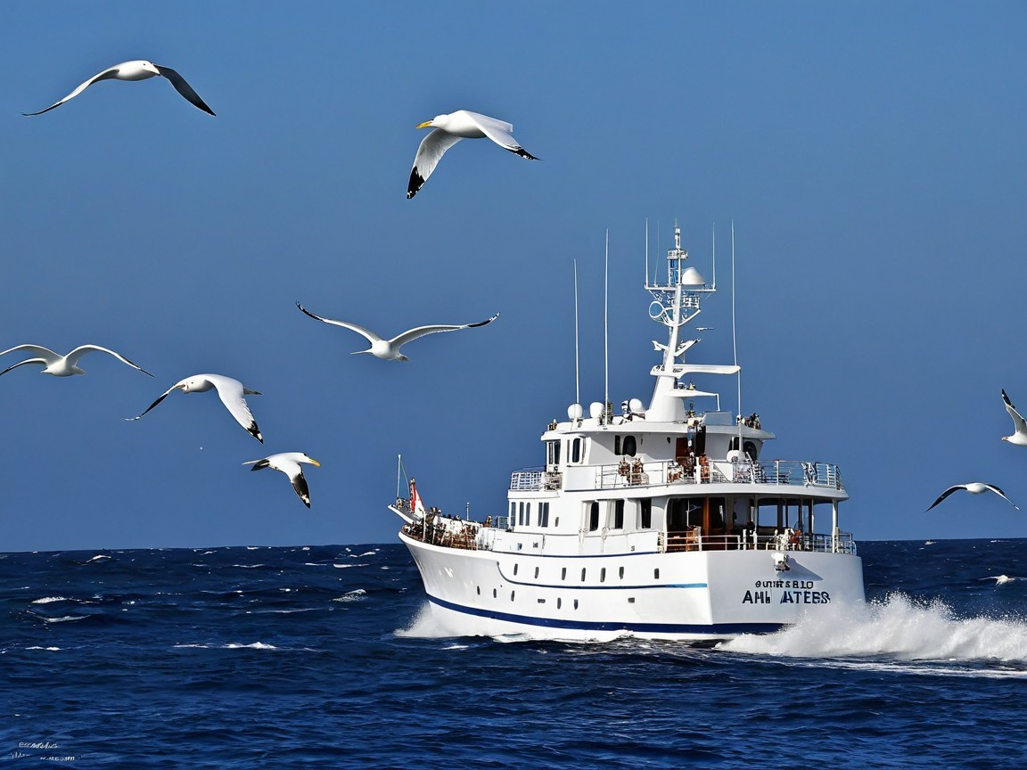 White Fishing Vessel on Vibrant Blue Sea with Seagulls