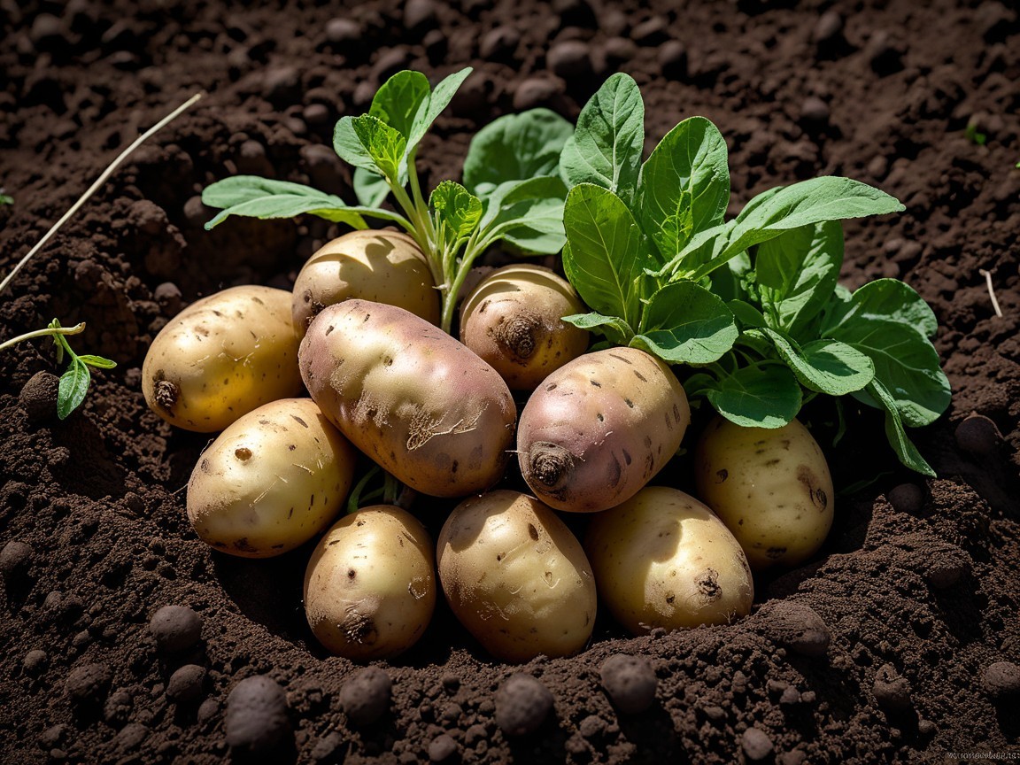 Freshly Harvested Potatoes in Dark Soil with Green Leaves
