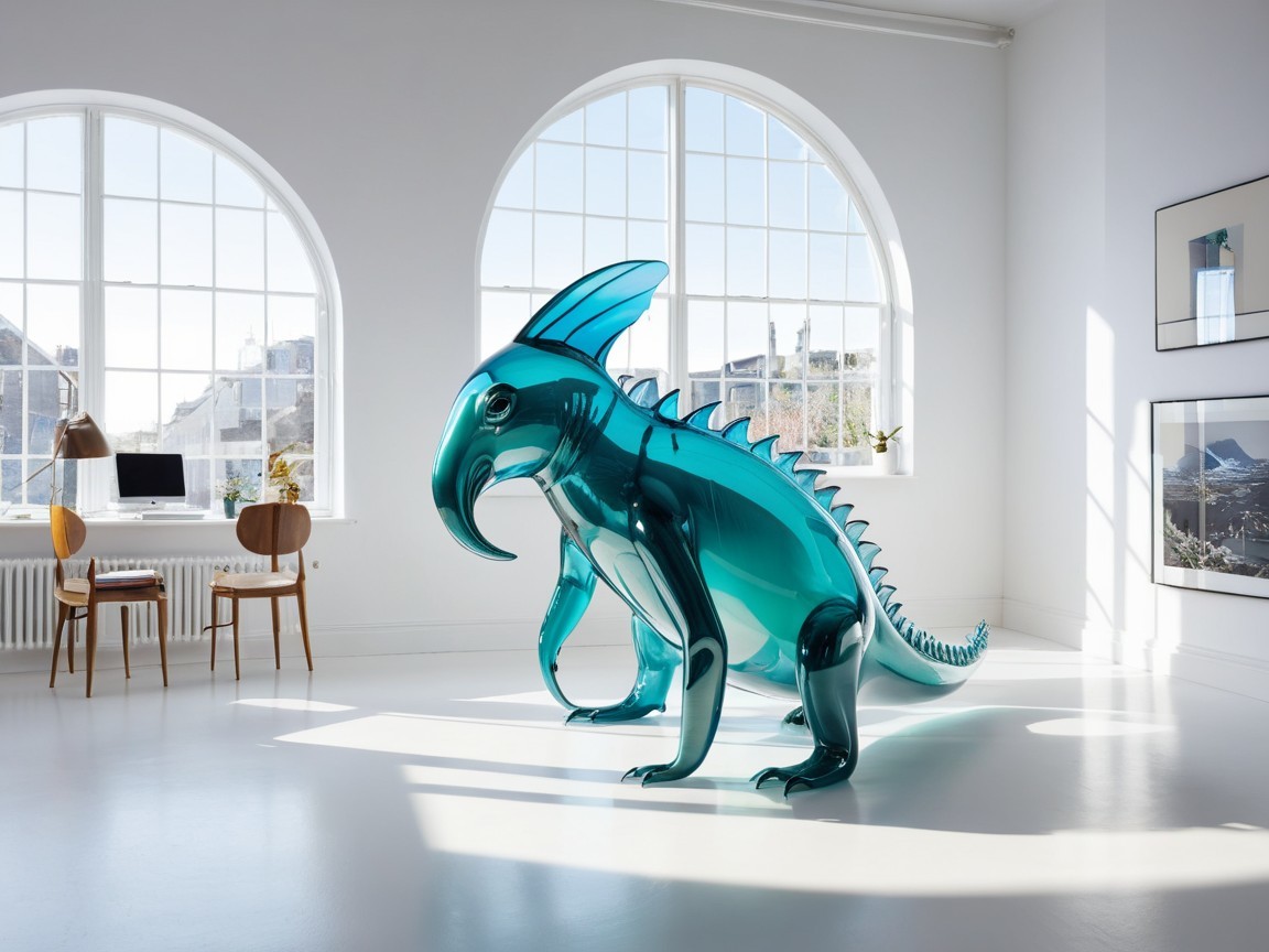 Translucent Turquoise Dinosaur Sculpture in Modern Room