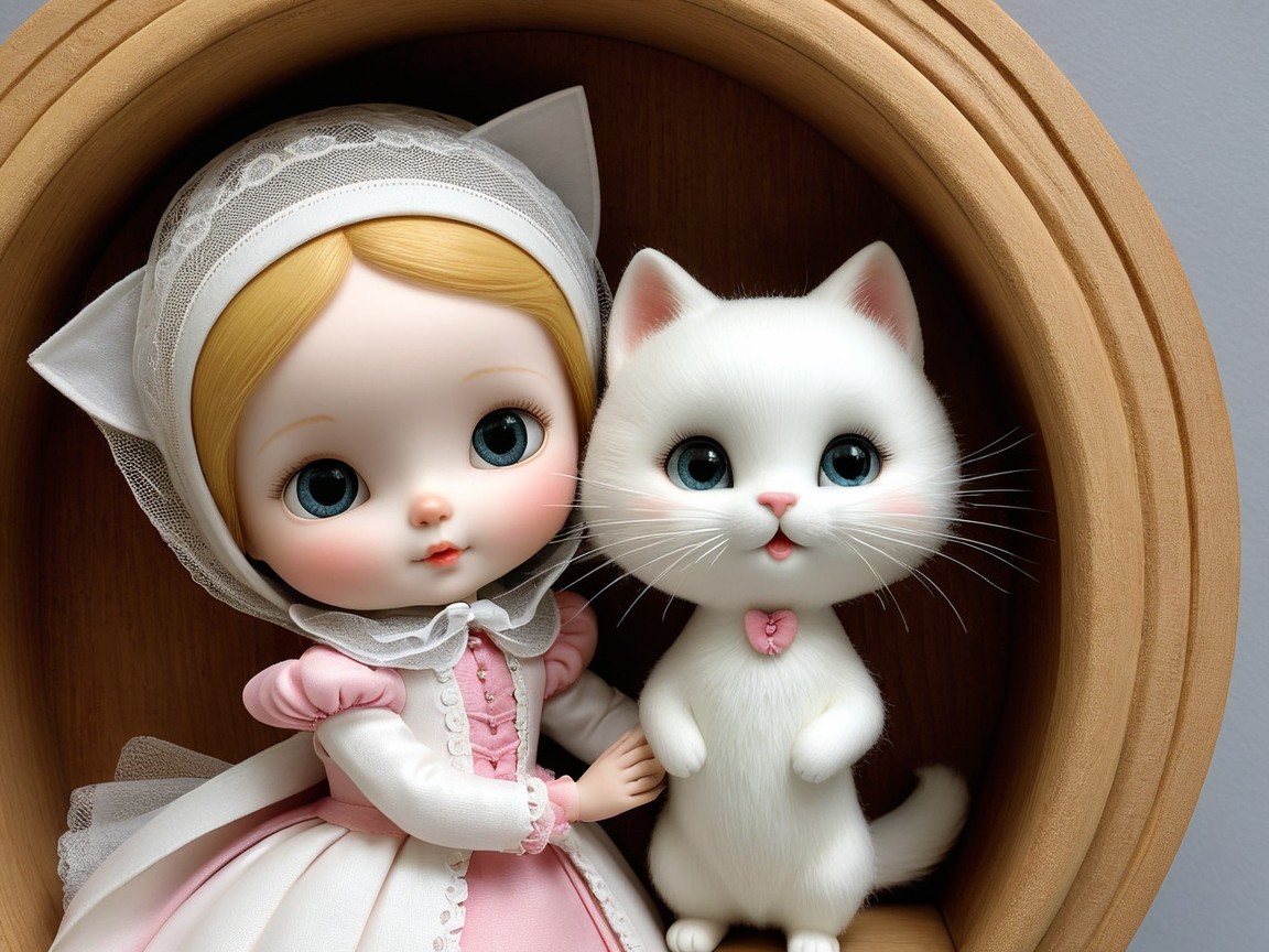 Big-eyed doll in bonnet with kitten in indoor setting