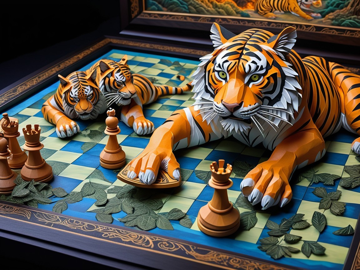 Tigers Relaxing on a Chessboard Surrounded by Leaves
