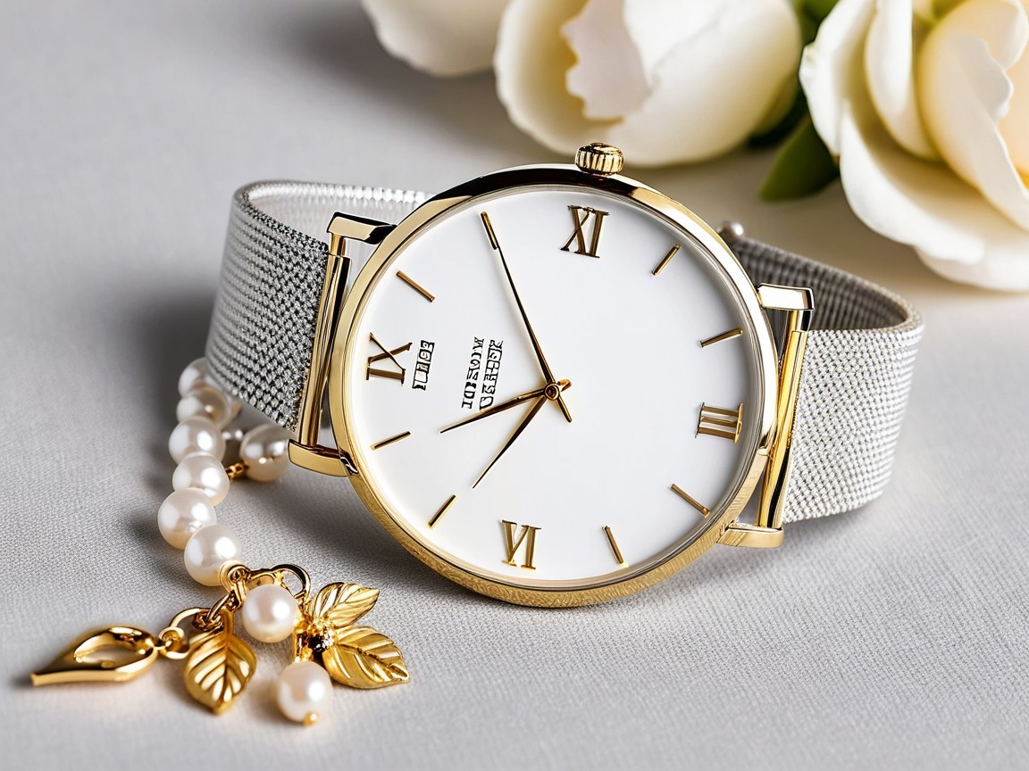 Elegant Watch and Pearl Necklace with White Roses