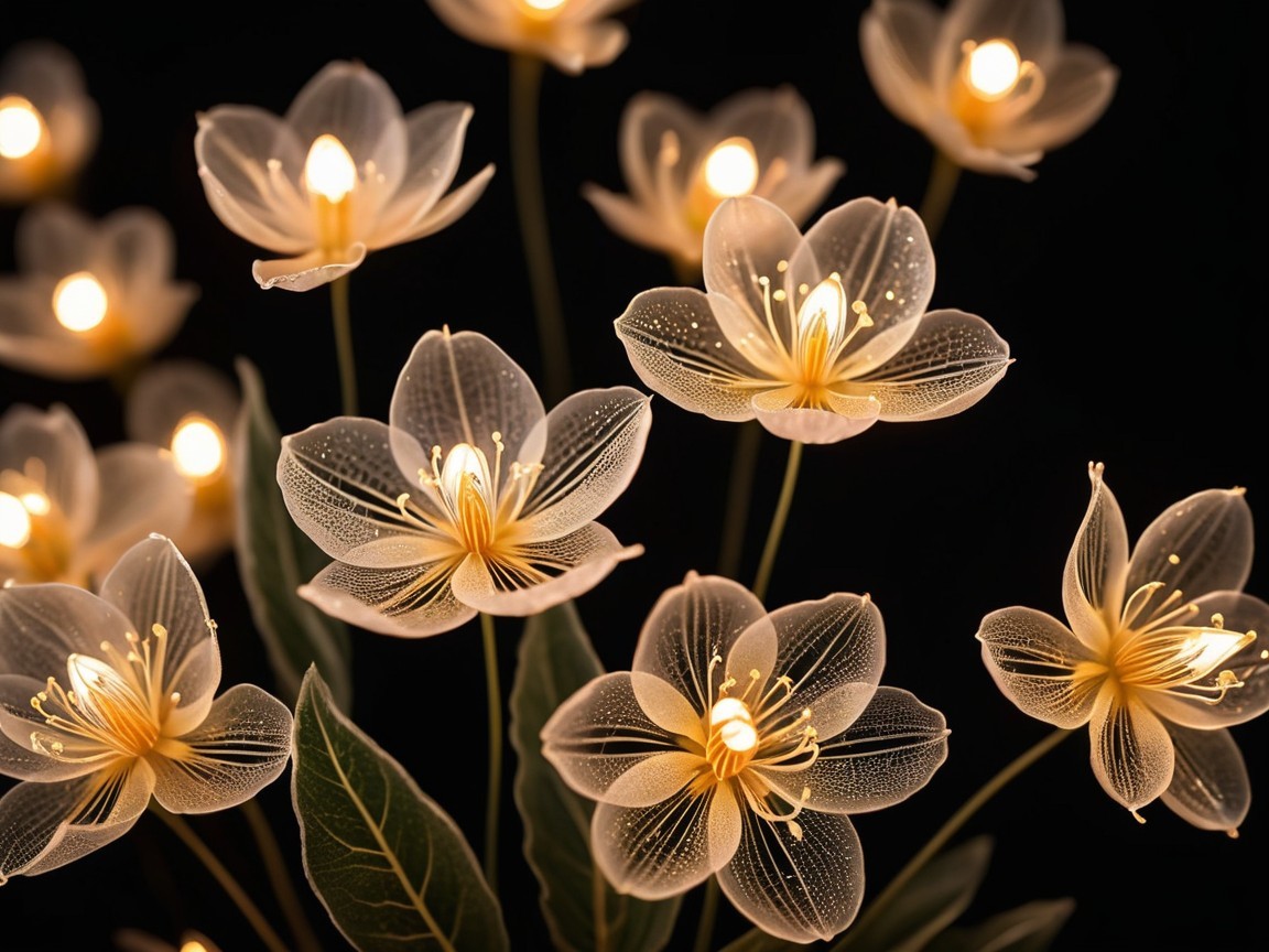 Translucent Flowers with Soft Glow on Dark Background