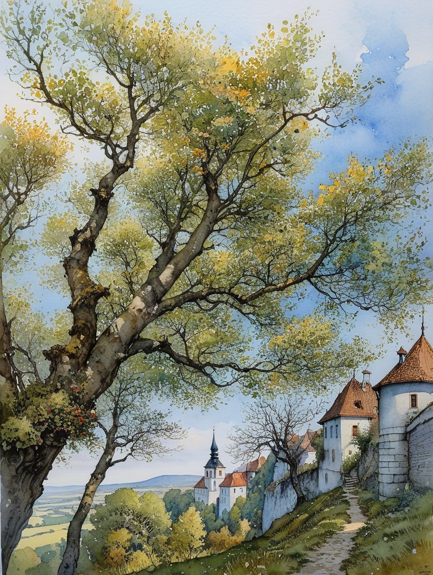 Serene Landscape with Winding Path and Quaint Houses