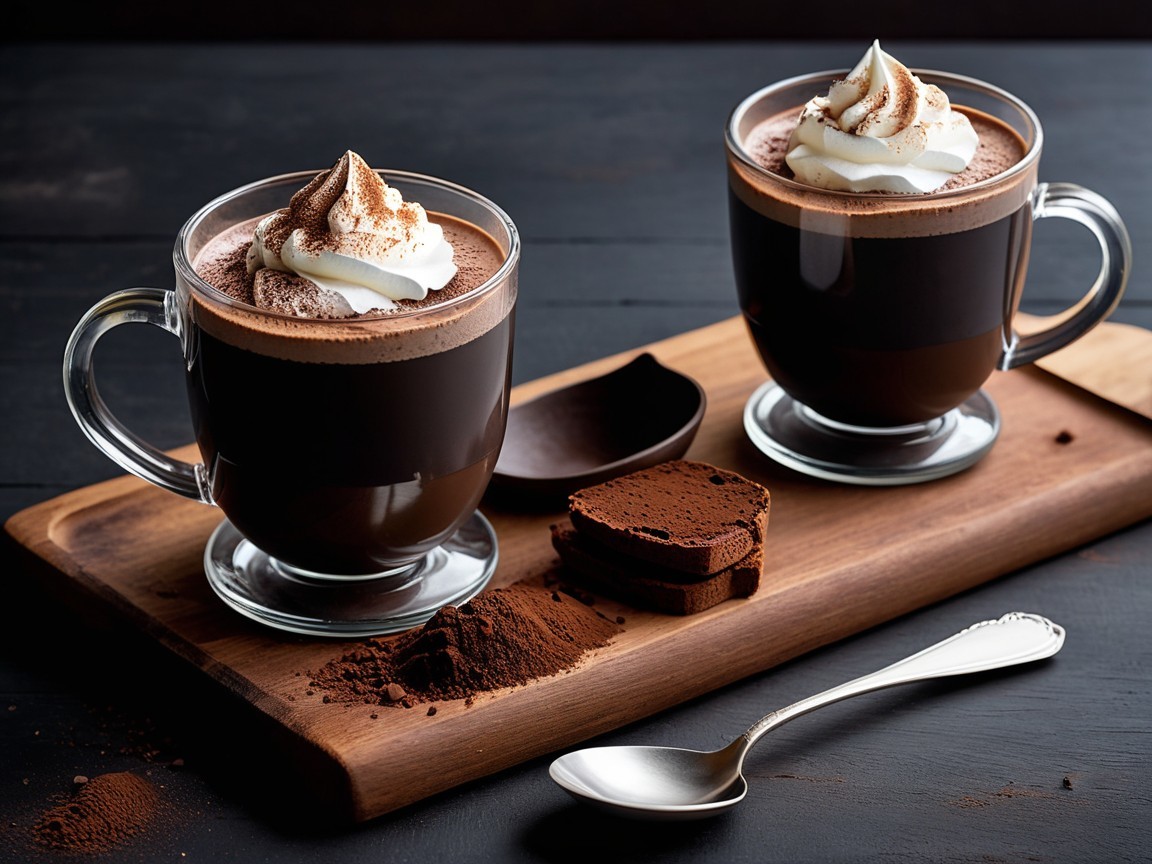 Elegant Glass Mugs with Dark Chocolate Drink and Toppings