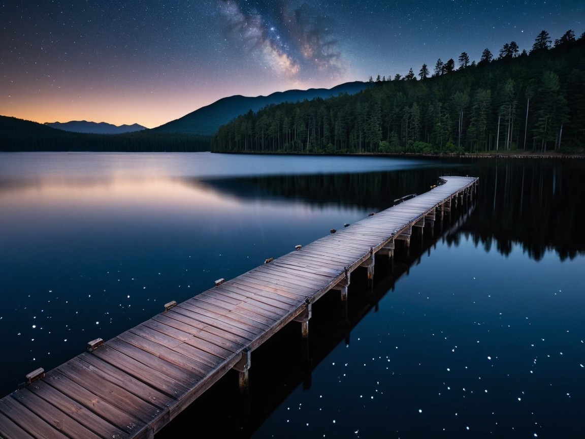Aerial View of Wooden Pier Over Calm Lake at Night