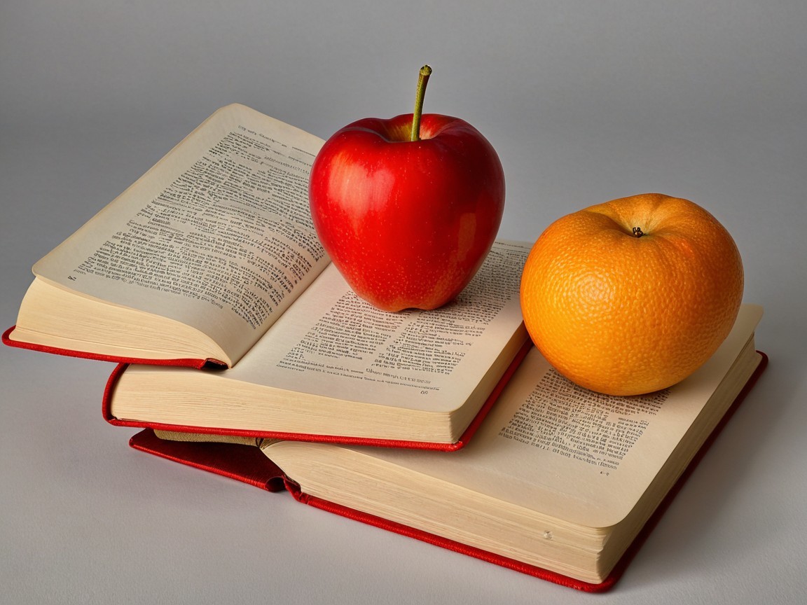 Open Book with Red Pages and Fruit Symbolism