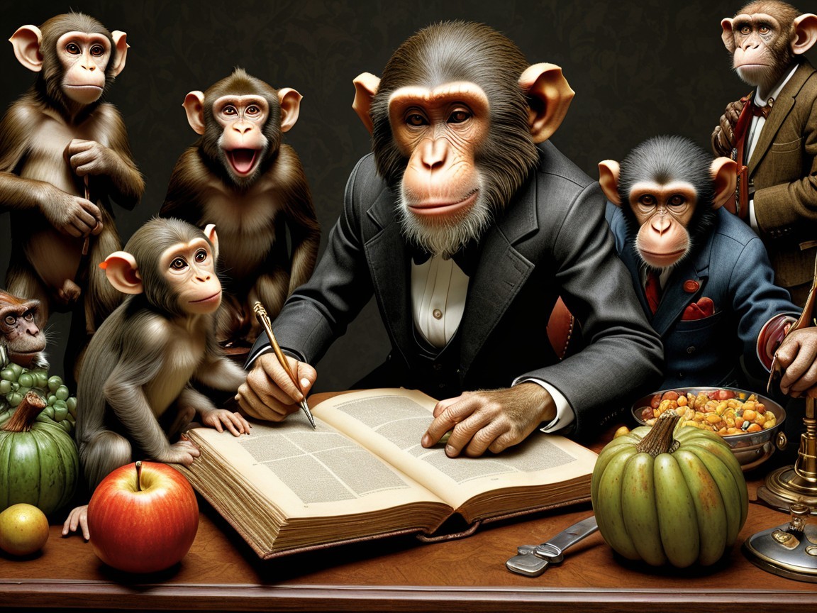 Anthropomorphic monkeys at a desk with fruits and vegetables