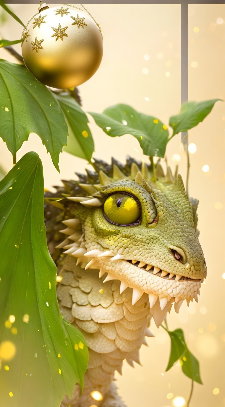 Realistic green dragon peeking through tropical leaves with Christmas ball and lights.