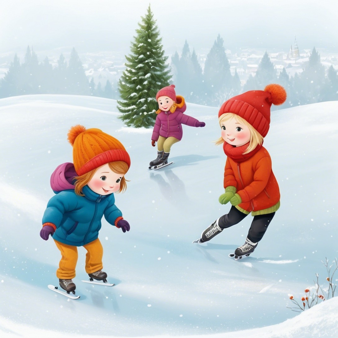 Children Ice Skating on a Snowy Frozen Pond