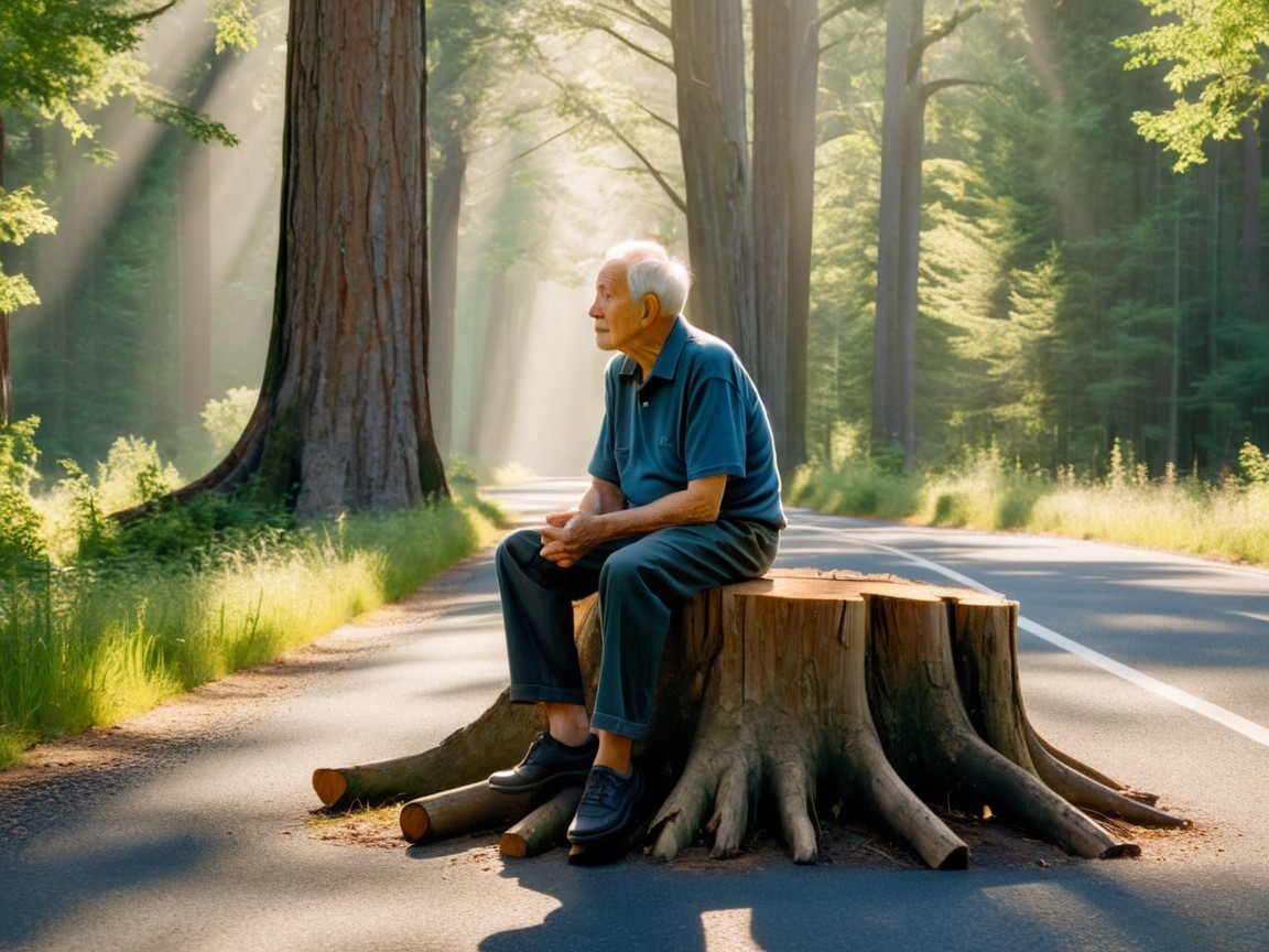 Elderly Man Contemplating in a Serene Forest Setting
