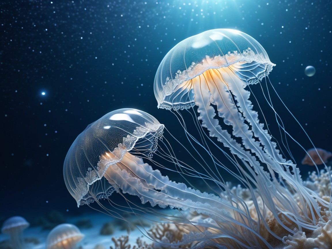 Translucent jellyfish in a dark blue deep-sea setting