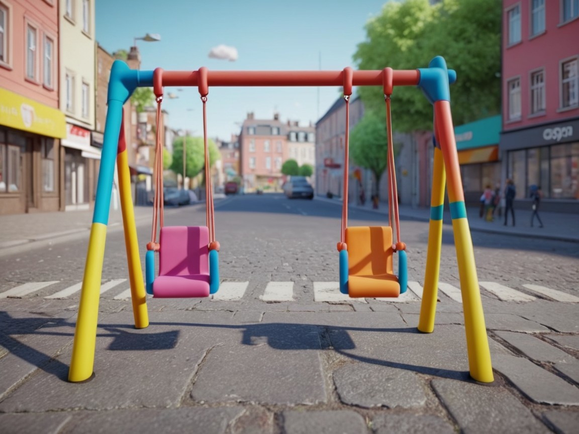 Vibrant Playground Swing Set on City Street