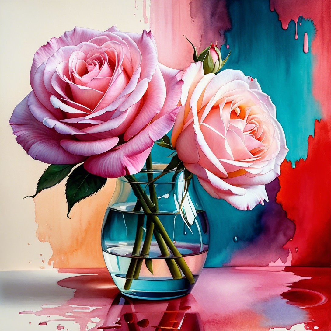 Pink Roses in Clear Vase on Glossy Watercolor Surface